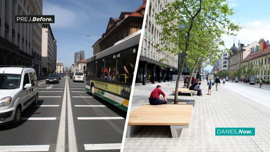 A before and after image of road redevelopment for pedestrian use 