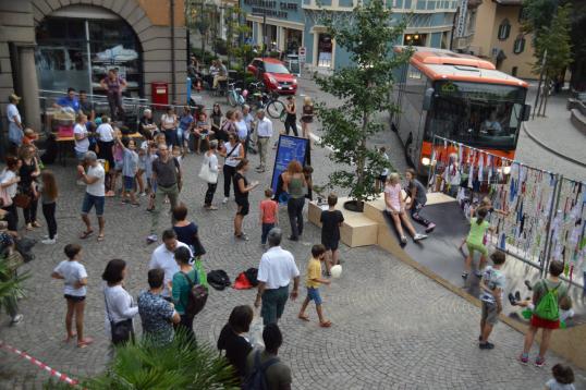 aerial view of a crowded pedestrian area