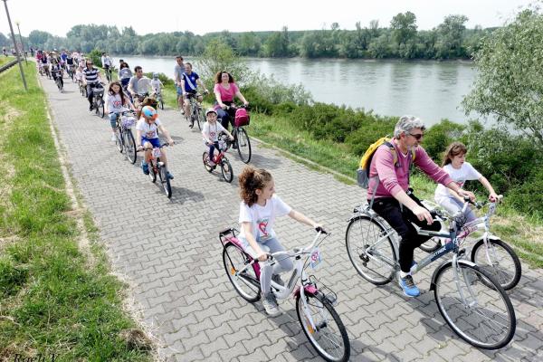 A large group of cyclists cycling along a river